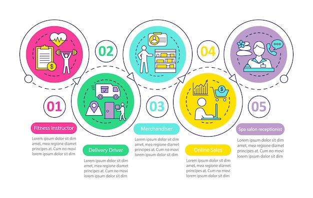 Praca W Niepełnym Wymiarze Godzin Szablon Wektor Infografikę. Elementy Projektu Prezentacji Biznesowych. Wizualizacja Danych Z Pięcioma Krokami I Opcjami. Wykres Osi Czasu Procesu. Układ Przepływu Pracy Z Ikonami Liniowymi