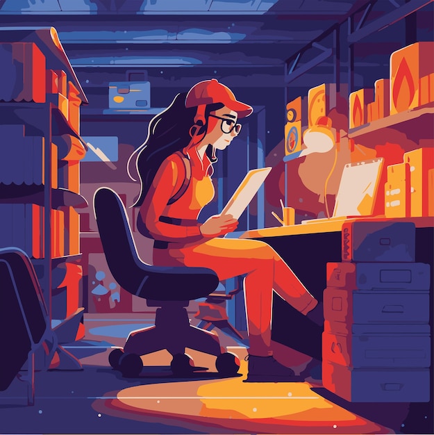 Plik wektorowy pracownia nowoczesne wnętrze gabinetu biuro z komputerem kolorowa wektorowa ilustracja płaska kreskówka