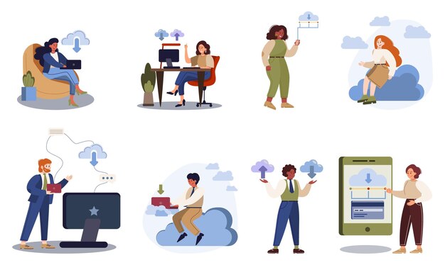 Pracownicy biurowi i technologia chmury. Wymiana informacji danych, koncepcja technologii chmury. Idea nowoczesnej technologii cyfrowej i ochrony informacji. Płaskie ilustracji wektorowych