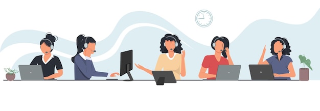 Pracownicy call center pracujący na komputerach. Pracownicy działu obsługi klienta, agenci telemarketingu.