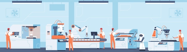 Pracownicy linii automatycznych Proces produkcyjny we wnętrzu fabryki Postacie pracowników Mężczyźni w mundurach pracują na maszynach przemysłowych Wyposażenie zakładu Produkcja przemysłowa Koncepcja wektorowa