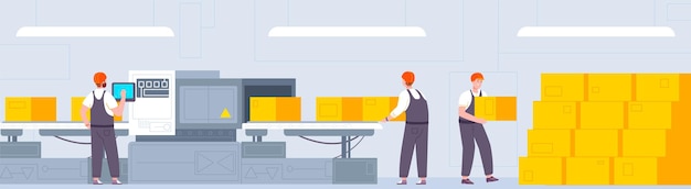 Pracownicy przenośników pakujących Przewoźnicy dostaw w jednolitym stojaku na linii pasa produkcyjnego z skrzynią ładunkową robot przemysłowy iot maszyna magazyn wnętrze wspaniała ilustracja wektorowa