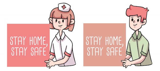 Pracownicy Służby Zdrowia Trzymający Się W Domu, Bądź Bezpieczny Sztandar Covid-19 Ilustracja
