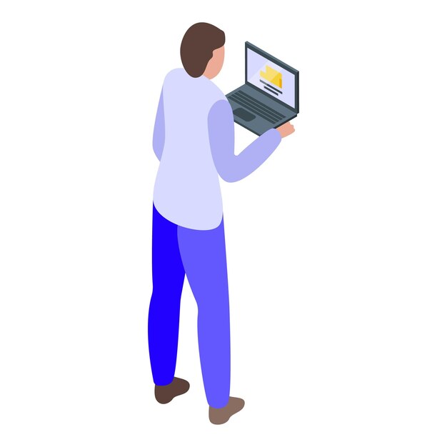 Pracownik biurowy stojący i trzymający laptop pracujący ikona izometryczna
