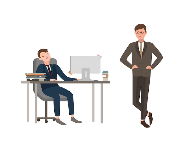 Pracownik biurowy ubrany w garnitur siedzi przy biurku z komputerem i śpi, gniewnie na niego patrzy szef. Pojęcie zmęczenia w pracy. Ilustracja kreskówka
