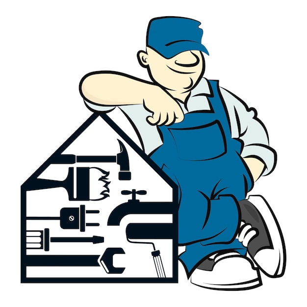 Plik wektorowy pracownik naprawy w mundurze i zestaw narzędzi symbol naprawy i serwisu