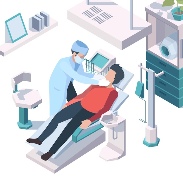 Pracujący dentysta. Lekarz konsultacji zalecenie pacjenta dla higieny zębów dentysta szafka medyczna wektor izometryczny ilustracja. Lekarz opieki zdrowotnej i badania zębów