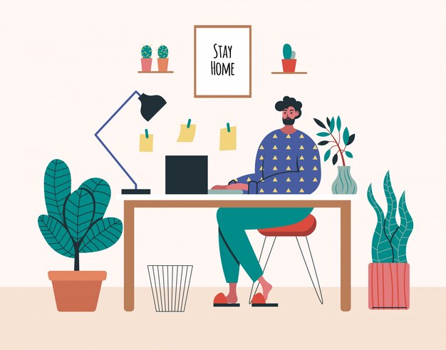 Pracujący w domu, coworking przestrzeń, pojęcie ilustracja. Młodych freelancerów pracujących na laptopach i komputerach w domu. Ludzie w domu poddani kwarantannie. ilustracja urządzony
