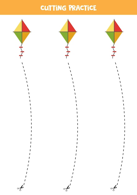 Praktyka Cięcia Dla Dzieci W Wieku Przedszkolnym. Cięcie Linią Przerywaną. Latawiec Kreskówka.