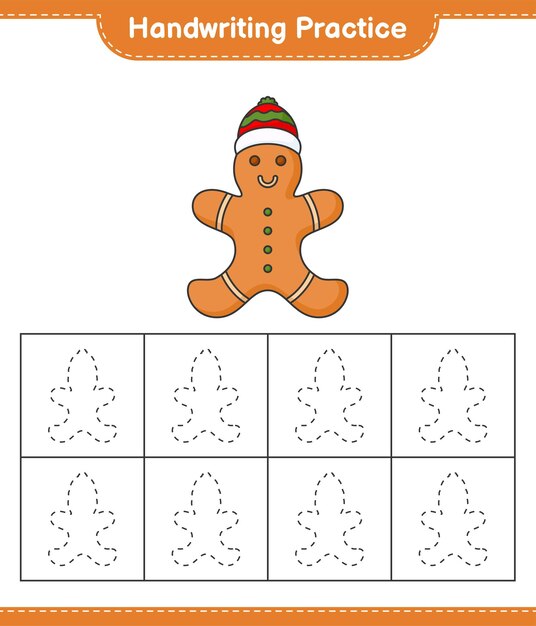 Praktyka pisma ręcznego Śledzenie linii Gingerbread Man Gra edukacyjna dla dzieci do druku arkusza wektorowego ilustracja