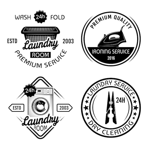 Pralnia chemiczna i pralnia zestaw czterech wektorów monochromatyczne emblematy etykiety odznaki na białym tle