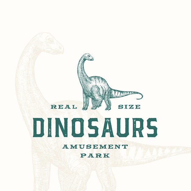 Plik wektorowy prawdziwy rozmiar dinozaury park rozrywki streszczenie znak symbol lub szablon logo ręcznie rysowane gad apatozaur z typografią premium i tło stylowy wektor godło koncepcja na białym tle