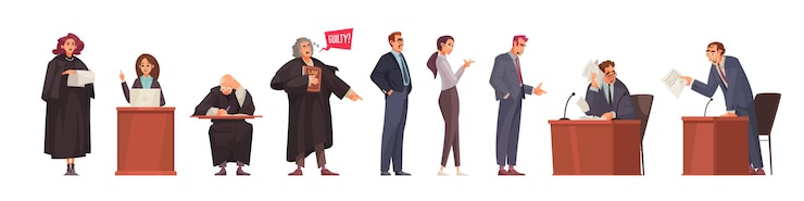 Wektor prawnik zestaw z izolowanymi postaciami ludzkimi w stylu doodle uczestników sesji sądowej z ilustracją wektorową prawników i sędziów