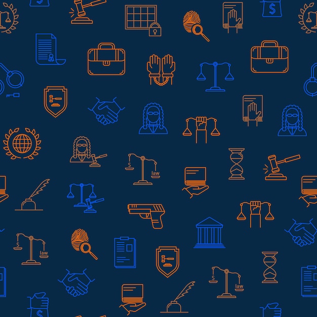 Prawo i prawnik cienka linia bezszwowe tło wzór obejmują Gun Courthouse Gavel skala teczki kajdanki uścisk dłoni i ilustracji wektorowych linii papilarnych