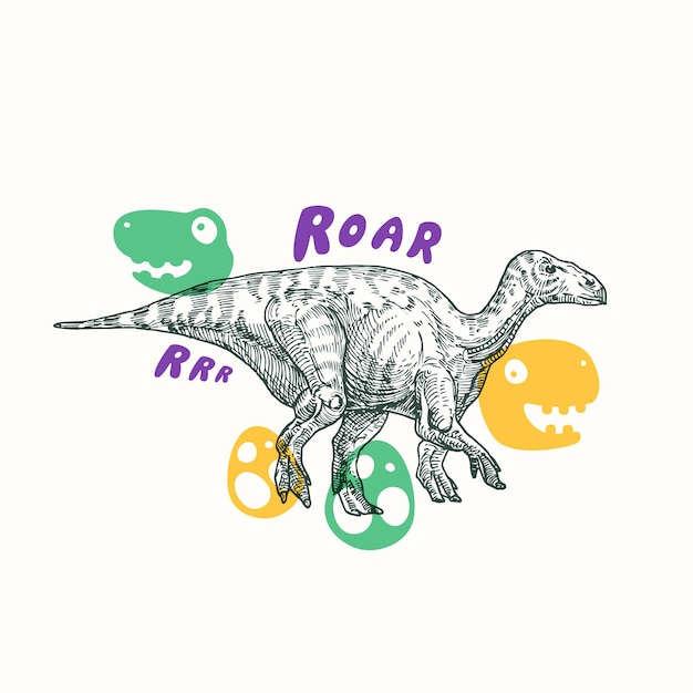 Plik wektorowy prehistoryczny dinozaur abstrakcyjny znak symbol lub szablon karty ręcznie rysowane gad iguanodon z zabawnymi ilustracjami w stylu płaski ładny wektor tshirt print lub godło koncepcja