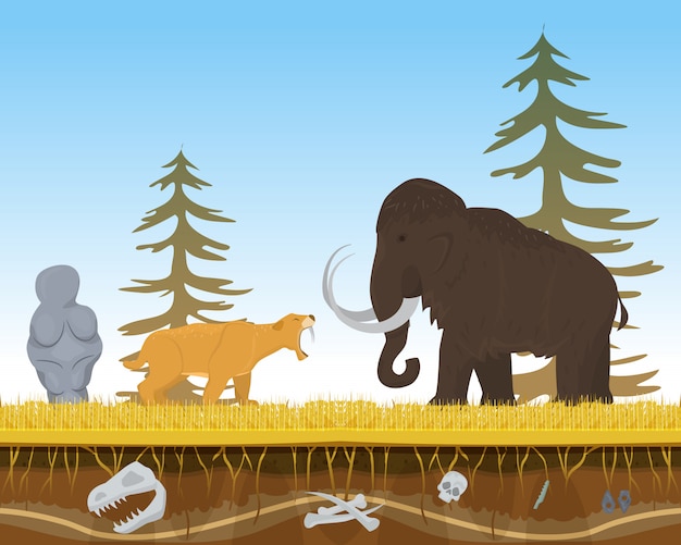 Plik wektorowy prehistoryczny tygrys atak starożytnego mamuta, charakter ugryzienie zwierząt płaskie ilustracji wektorowych. wildlife natura bestia drapieżnik i roślinożerne.