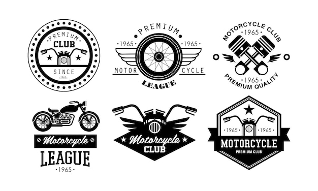 Premium Liga Motocyklowa Logo Zestaw Retro Odznaki Dla Klubu Motocyklowego Sklep Z Częściami Do Motocykli Usługa Naprawy Wektor Ilustracja Izolowana Na Białym Tle