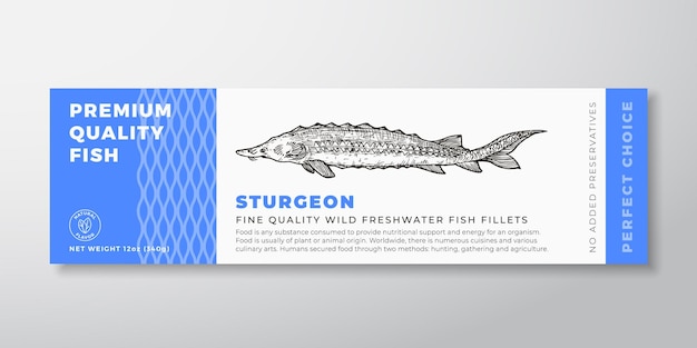 Plik wektorowy premium quality strugeon vector design etykiet opakowań nowoczesna typografia i ręcznie rysowane sylwetki ryb słodkowodnych układ tła produktów z owoców morza