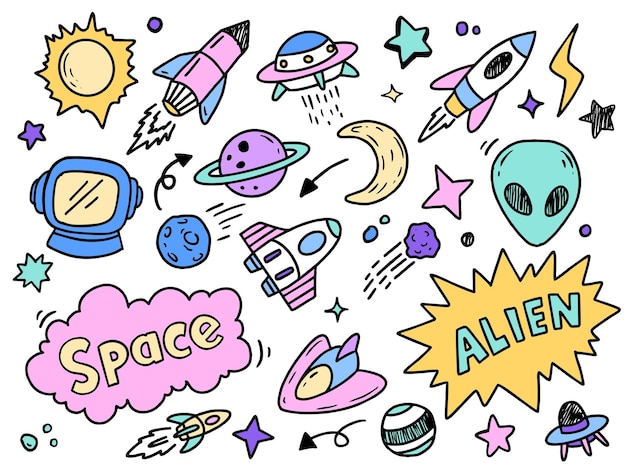 Premium ręcznie rysowane elementy wektorowe doodle kosmiczne