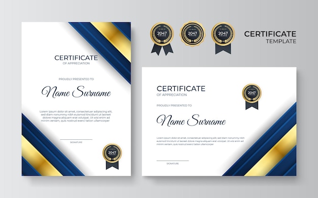 Premium Złoty I Niebieski Szablon Certyfikatu Uznania, Czysty Nowoczesny Design Ze Złotą Odznaką