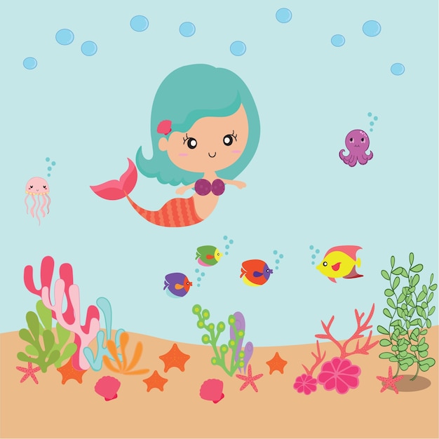 Pretty Mermaid Wektor Cartoon Ilustracji