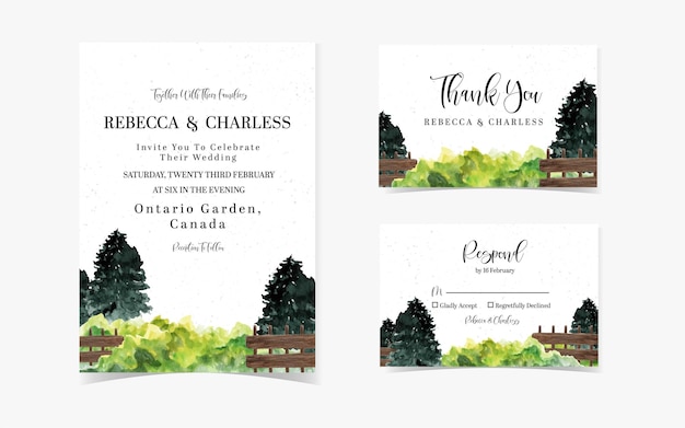 Pretty Pine Tree With Fences Wedding Invitation Suite