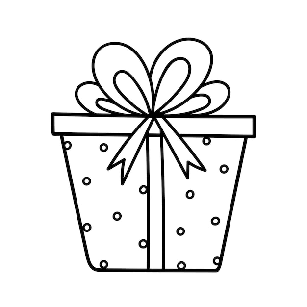 Prezent świąteczny z dużą kokardą i wstążką izolowaną na białej ręcznie rysowanej ilustracji w stylu doodle