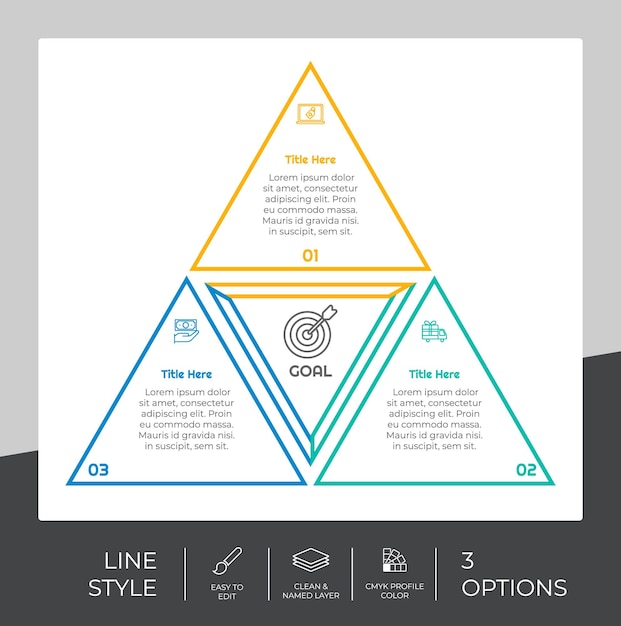 Plik wektorowy prezentacja opcji biznesowej infografika ze stylem linii i kolorową koncepcją 3 kroki infografiki mogą być wykorzystane do celów biznesowych