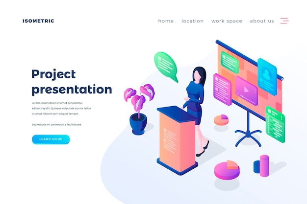 Prezentacja Projektu Szablon Wektora Strony Docelowej Raport Biznesowy Oprogramowanie Do Budowania Strony Internetowej Pomysł Na Interfejs Strony Głównej Z Ilustracjami Izometrycznymi Wizualizacja Danych Baner Internetowy Koncepcja Kreskówki 3d