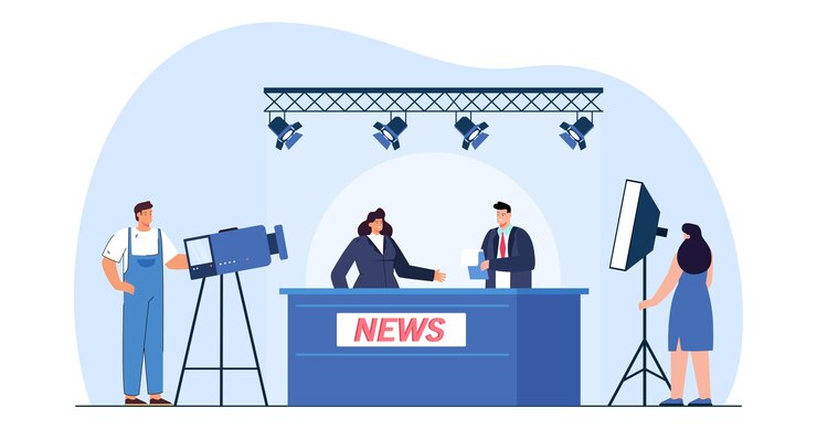 Wektor prezenterzy wiadomości za biurkiem w studio z ekipą filmową. za kulisami lub zestaw ilustracji wektorowych płaski program transmisji lub programu telewizyjnego. telewizja, koncepcja nadawania banera, projektu strony internetowej lub strony docelowej