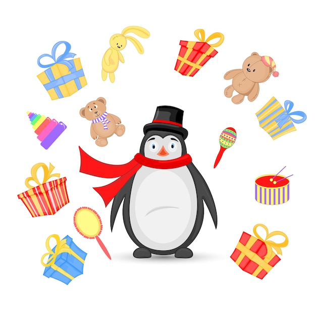Prezenty Miś I Zabawki Królik Bęben Lustro Marakasy Pocztówka Pingwin Polarny Na Nowy Rok I Boże Narodzenie Pojedyncze Obiekty Na Białym Tle Szablon Dla Tekstowych Zdjęć I Gratulacje