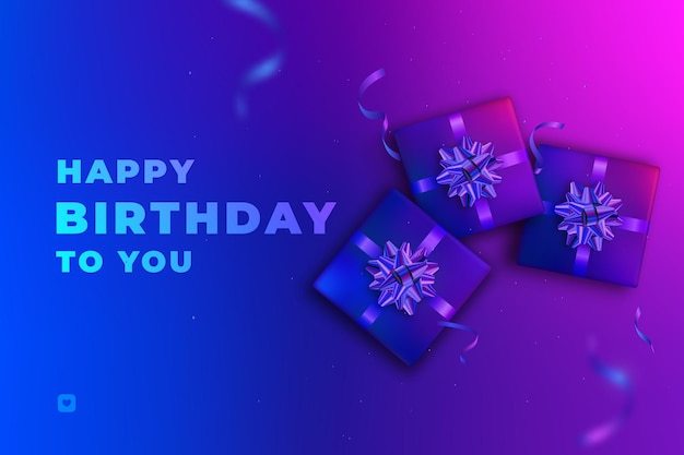 Plik wektorowy prezenty w niebieskich i różowych odcieniach neonowych i wszystkiego najlepszego na urodziny tekst na kolorowych powierzchniach neonowych