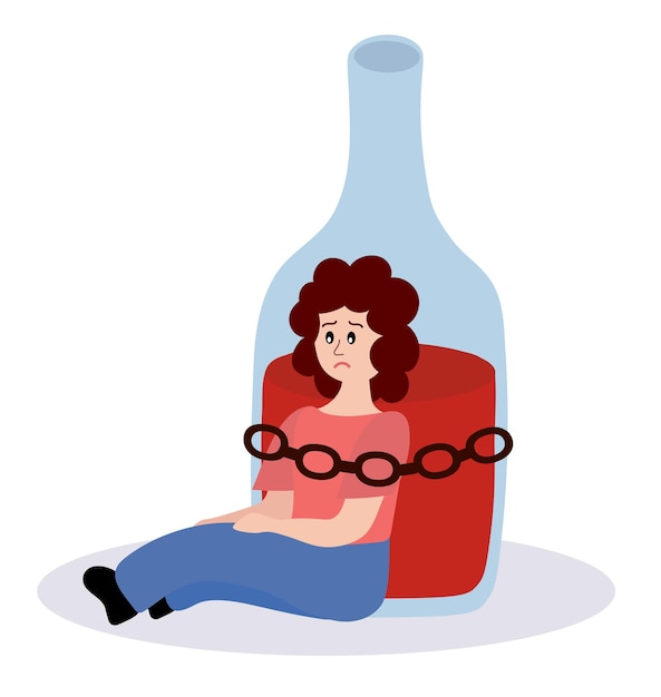 Plik wektorowy problem alkoholizmu nadużywanie alkoholu i uzależnienie od alkoholu postać kobiety pijana dziewczyna uwięziona w łańcuchach