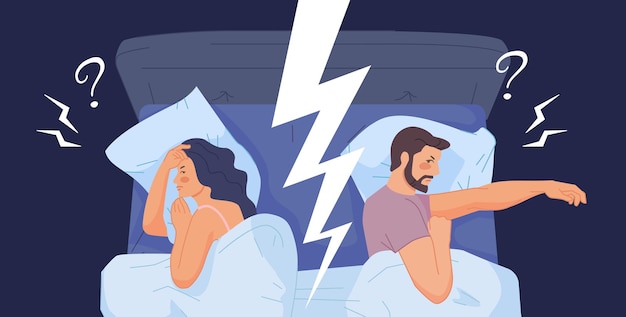 Problem pary w łóżku pary nieporozumienie kochanek problem seksualny lub konflikt relacji rozwód rodzinny zły mężczyzna smutna kobieta z pytaniami intymne problemy ilustracja wektora problemu w łóżku