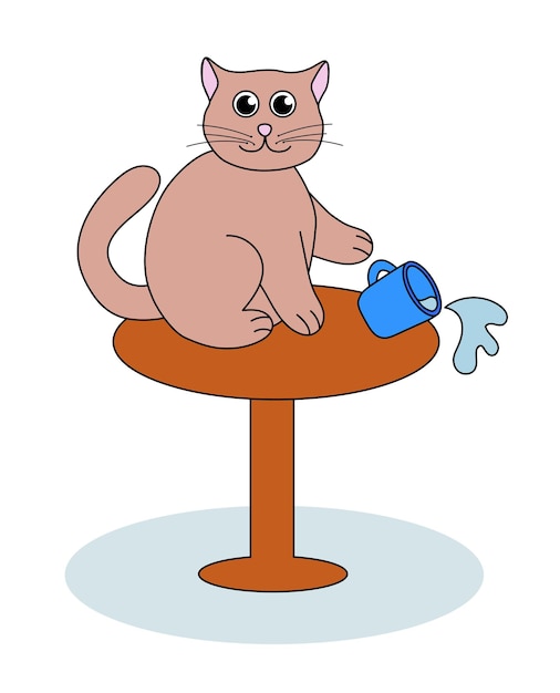 Problem z zachowaniem kota Kociak odpycha kubek ze stołu Słodka ręcznie narysowana ilustracja płaska