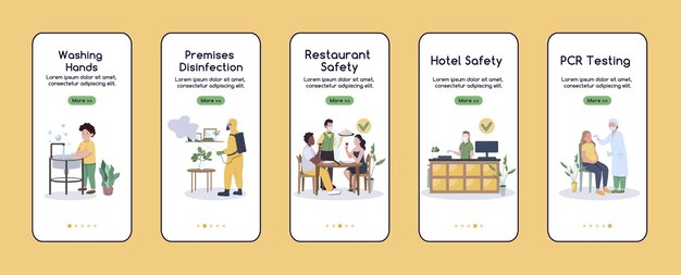 Problemy Z Pandemią Koronawirusa Przy Wprowadzaniu Płaskiego Szablonu Ekranu Aplikacji Mobilnej. Nowa Normalna. Przewodnik Po Krokach Strony Internetowej Z Postaciami. Interfejs Kreskówek Ux, Ui, Gui Smartfona