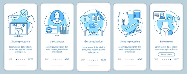 Procedura Leczenia Centrum Chirurgii Plastycznej Na Ekranie Strony Aplikacji Mobilnej Z Liniowymi Koncepcjami. Pięć Kroków Instrukcji Graficznych Instrukcji. Szablon Wektorowy Ux, Ui, Gui Z Ilustracjami