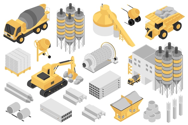 Produkcja Cementu Elementy Izometryczne Konstruktor Mega Zestaw Zestaw Twórczy Z Płaską Grafiką Betonowe Mieszalniki Maszyny Płyty Bloki Budynki Fabryki Stosów Ilustracja Wektorowa W Projektowaniu Izometrii 3d