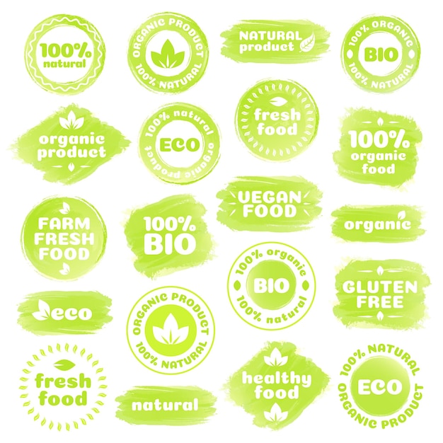 Plik wektorowy produkt naturalny zdrowa żywność świeża żywność ekologiczna produkt wegetariański żywność farm świeża żywności bezglutenowa bio i etykieta ekologiczna szablon kształty akwarelowe izolowane na białym tle ilustracja wektorowa