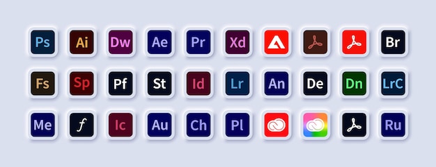 Produkty Adobe Logotype Zestaw Aplikacji Adobe Ilustrator Photoshop Creative Cloud After Effects Lightroom Premiere Pro Programy Kolekcja Logo Styl Neomorfizm Ilustracja Wektorowa Redakcyjna