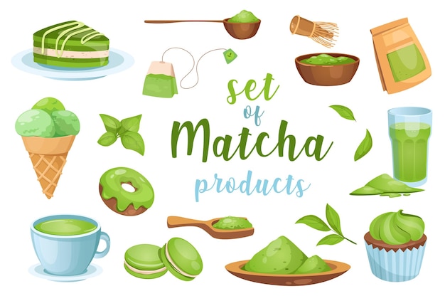 Produkty Matcha Z Izolowanymi Elementami W Płaskiej Kreskówce