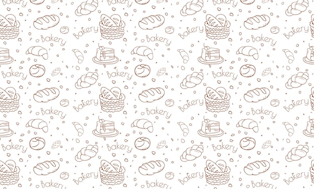 Produkty piekarnicze doodle beżowy wzór. Tło wektor zawiera ikony linii