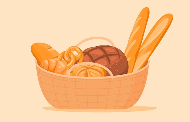 Produkty piekarnicze wykonane z mąki w koszu z płotka Pyszne, pachnące ciastka Ilustracja wektorowa
