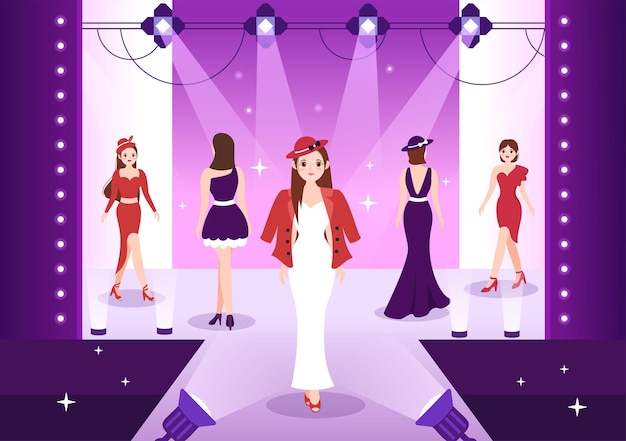Profesjonalna ilustracja modelu z pięknymi modelami kobiet chodzących na podium w wydarzeniu Fashion Week