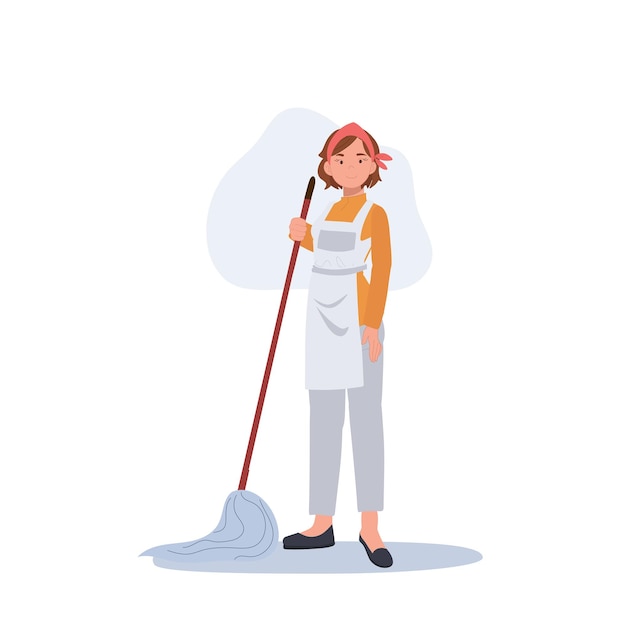 Profesjonalna Sprzątaczka Pracująca Jako Gospodyni Z Mopem Płaska Ilustracja Wektorowa