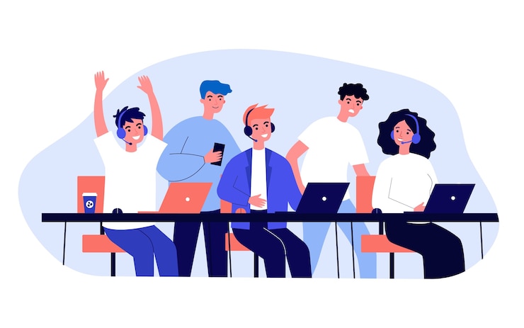 Wektor profesjonalni gracze w zestawach słuchawkowych grający w gry online. grupa wsparcia, mistrzostwa, ilustracja turnieju. cybersport, koncepcja e-sportu na baner, stronę internetową lub stronę docelową