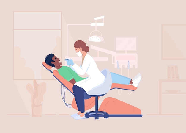 Profesjonalny dentysta badający zęby klienta na wizytę ilustracja wektorowa płaski kolor