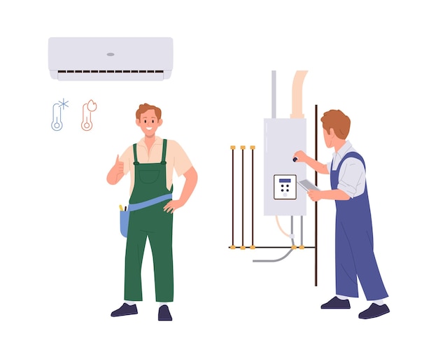 Plik wektorowy profesjonalny hydraulik i inżynier, postać z kreskówek naprawiająca kotły i sprawdzająca klimatyzator