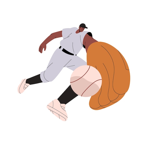 Plik wektorowy profesjonalny piłkarz baseballu gra w grę sportową catcher dzban sięgający pędzący, aby złapać piłkę do rękawiczki sportysta w meczu konkursowym płaska izolowana ilustracja wektora na białym tle