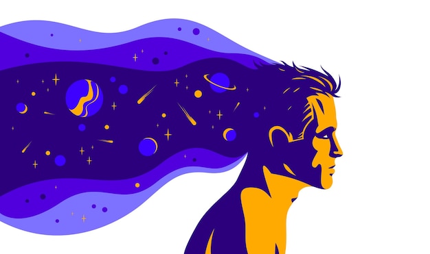 Profil człowieka z kosmicznym widokiem planet i gwiazd z ilustracji wektorowych głowy, uważności filozoficznej i psychologicznej, medytacji i świadomości.